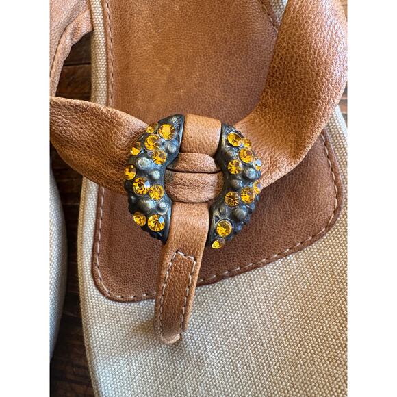 LUISA D’ORIO ITALY WEDGE JEWELED SANDAL CANVA & BROWN LEATHER, SIZE 9 - Picture 2 of 8